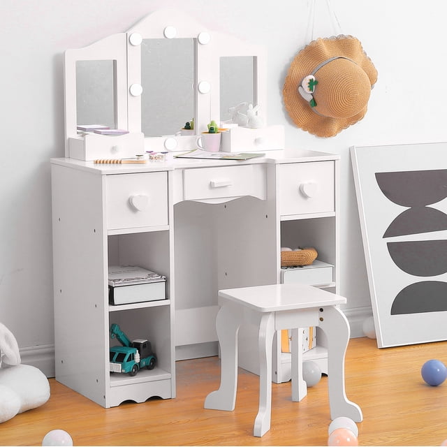 Kids Vanity Table Set with Light, Tri-Folding Mirror, 5 Drawers and Square Stool, Wood Makeup Desk Dressing Table with Open Storage Shelves and Detachable Top