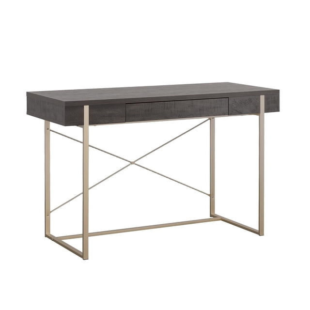 Sauder Walter Heights writing desk in blade walnut finish with slim metal legs and crossbar support, featuring a central drawer.