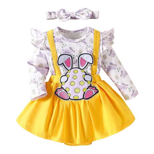 MIASHUI Baby Girl Easter Outfit Long Sleeve Romper Rabbit Suspender Skirt Overall Dress,Yellow,12-18 Months