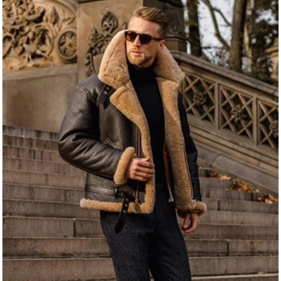Men's Camel Stylish Flying Leather Jacket,slim Fit Shearling Aviator Bomber Jack