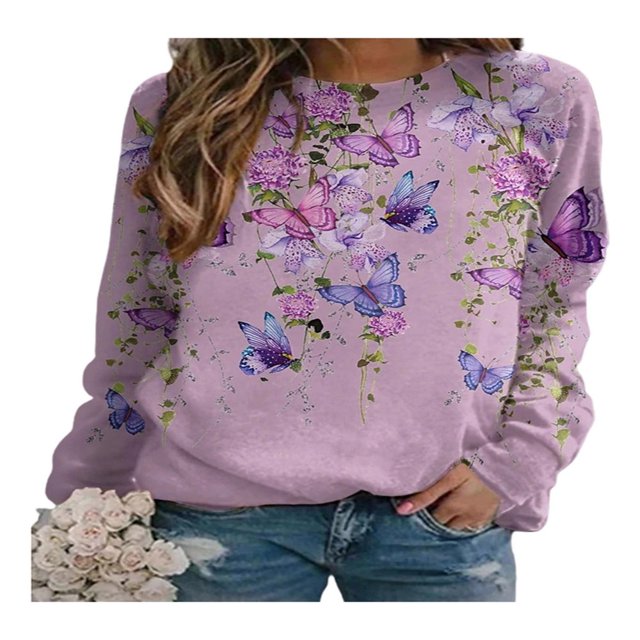 QJUHUNG Sweat-Shirt Décontracté à Manches Longues Papillon Imprimé Graphique Léger Pull-Over Manches Longues Chemises