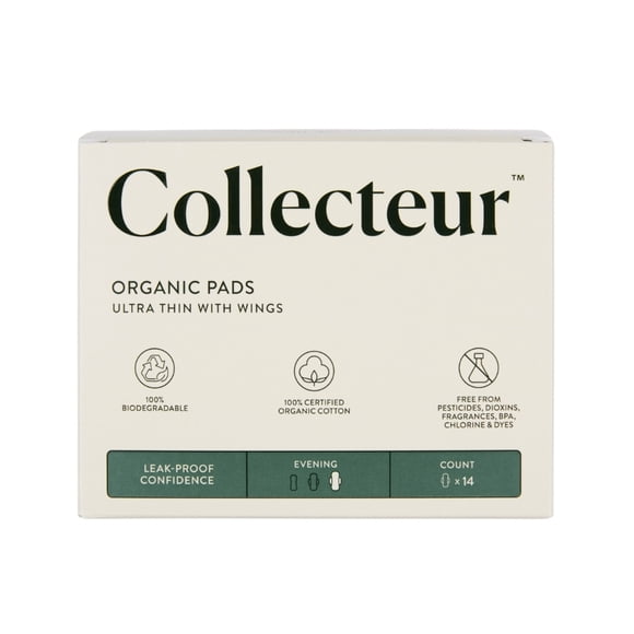 Collecteur 100% Certified Organic Cotton Ultra-Thin Pads, Evening Absorbency - 14 count
