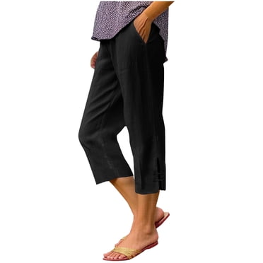 Capris Pants for Women, Linen-Blend Elastic Waist with Side Slits and Pockets, Breathable Summer Casual Trousers, Regular Length