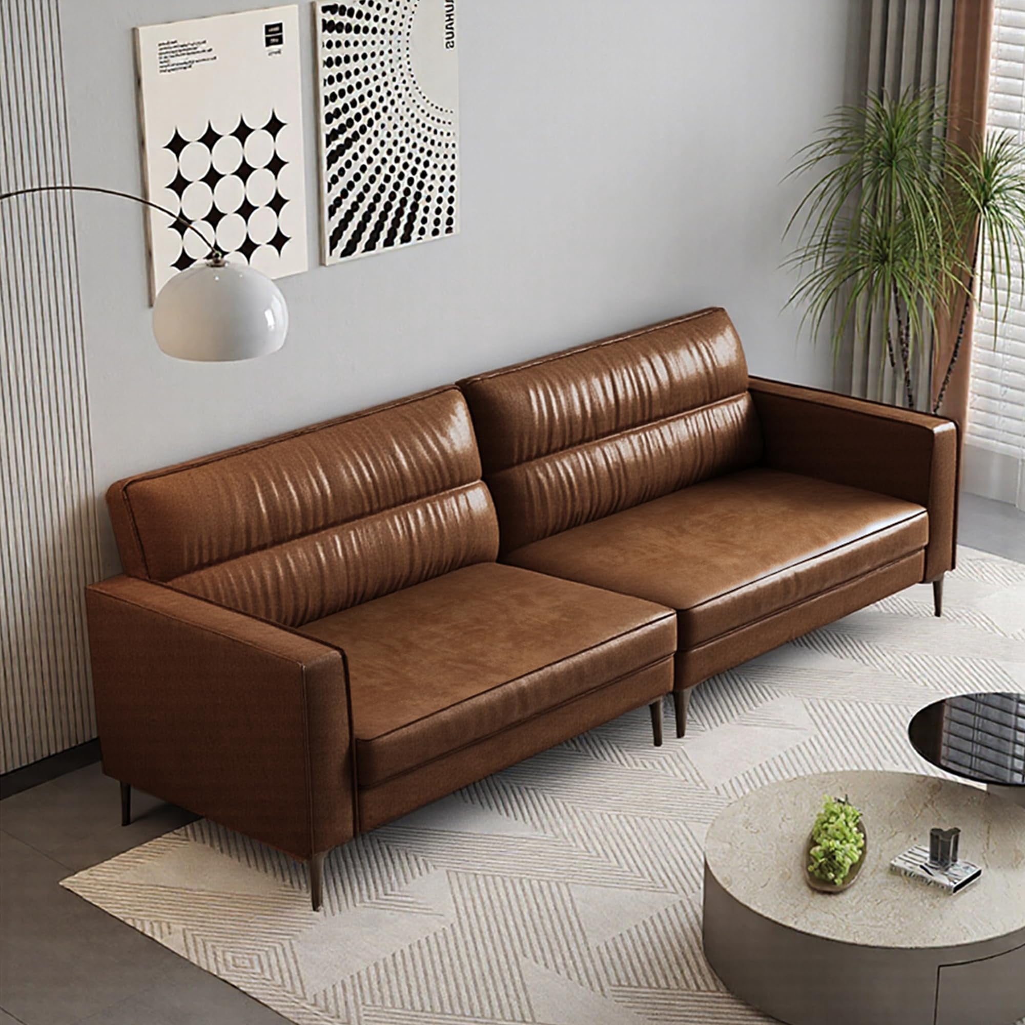 NessCarsti Furniture Modern Living 3-Seater Leather Sofa with Removable Cushions, Brown