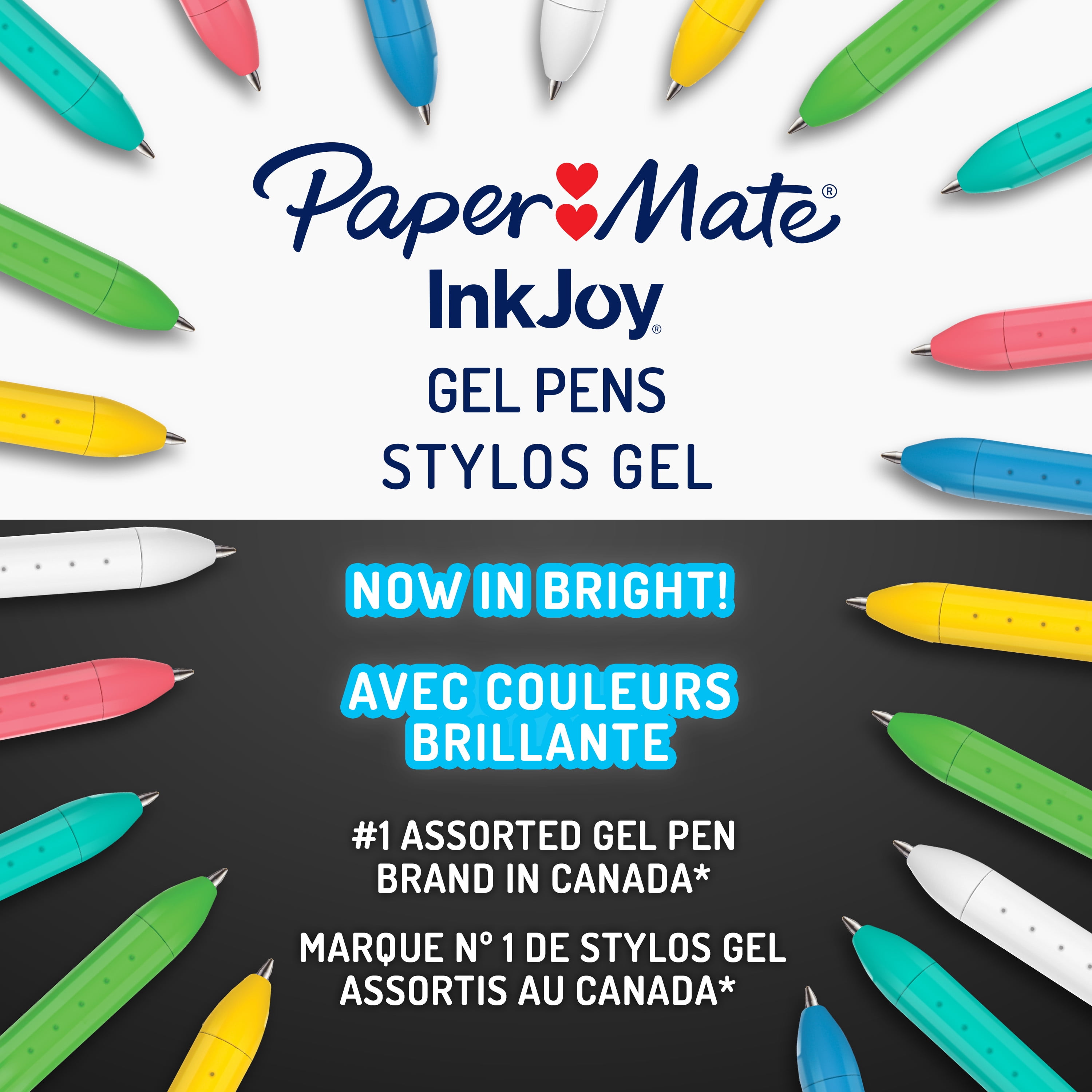 Stylos InkJoy Brillant de Paper Mate, stylos à gel, pointe moyenne (0,7 mm), rétractables, couleurs vives assorties, 6 unités
