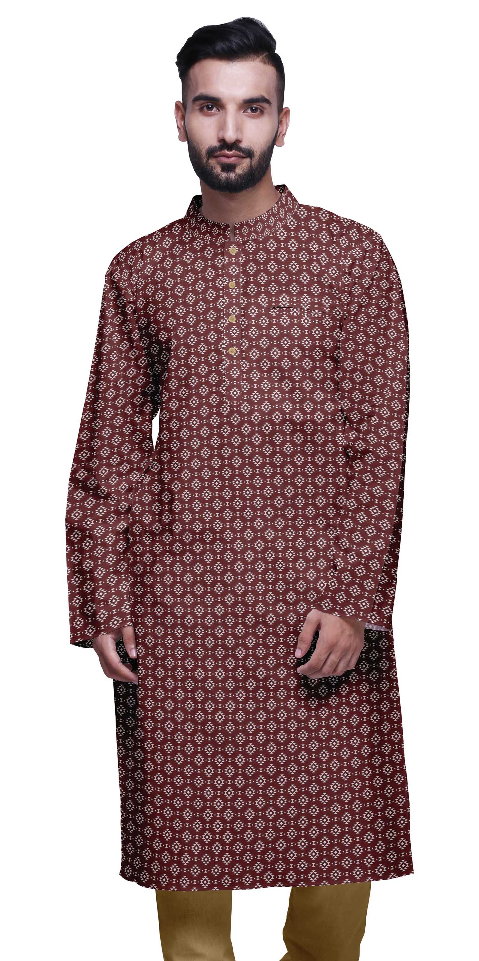 Atasi Kurta Imprimé pour Hommes Col Mandarin Popeline de Coton Kurta Chemise Décontractée