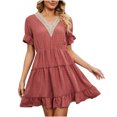thumbnail image 2 of Pisexur Robe à Manches Courtes à Col en V Mode Femme Couleur Unie Confortable Ample Robe Décontractée à Manches Courtes avec Découpes en Dentelle Robe Femme, 2 of 9