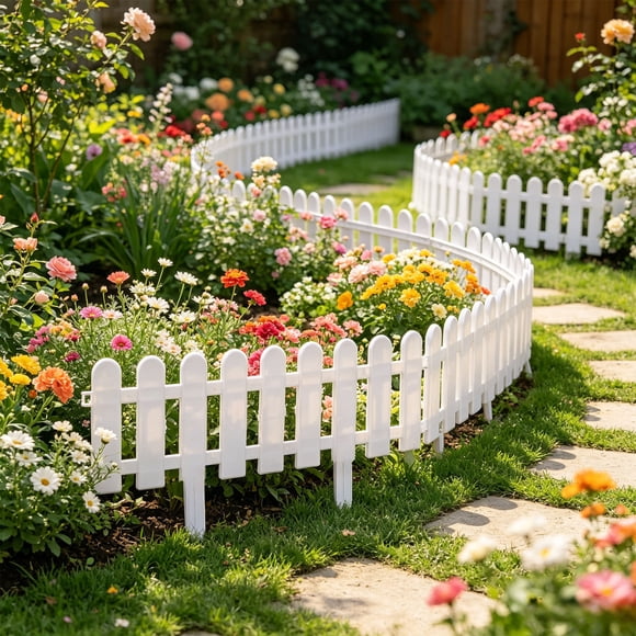 Plastic Garden Fence with Ground Stakes for Flower Bed Edging and Outdoor Yard Borders, Easy Installation, Durable Landscaping Barrier