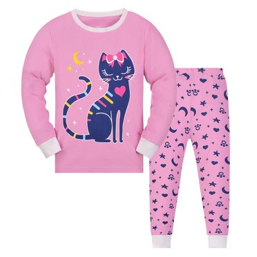 Hiiyo Pyjama pour Petites Filles avec Chat, T-Shirt à Manches Longues et Pantalon, Mignon Vêtement de Nuit et de Détente