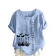 thumbnail image 3 of QATAINLAV Hauts en Coton et Lin pour Femmes 2025 Col Rond Manches Courtes Retroussées T-Shirt Tendance à Imprimé Floral Blouse Décontractée Coupe Ample Tenues de Vacances Rentrée des Classes Ventes Prime Bleu Clair P, 3 of 5
