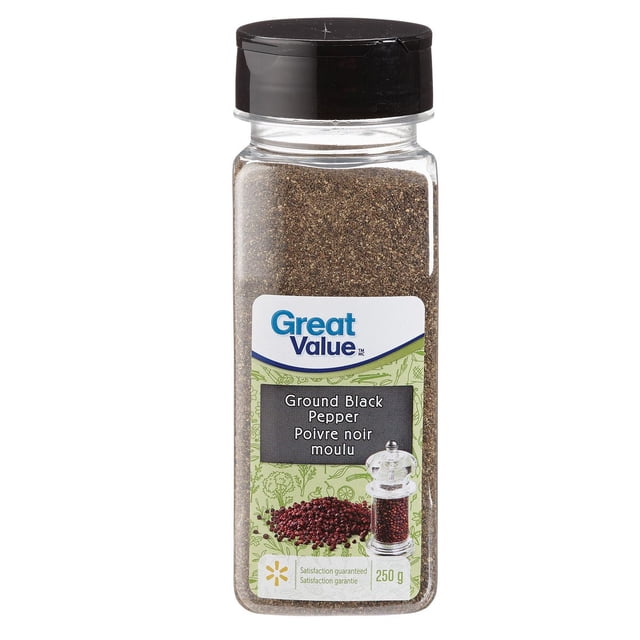Great Value Ground Black Pepper in a clear rectangular plastic container with a black resealable lid, containing 250 g of finely ground black pepper, labeled in English and French with an image of whole peppercorns and a pepper grinder, suitable for seasoning vegetables, pasta dishes, and meats.