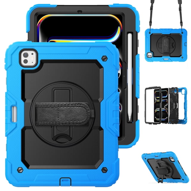 XYX For iPad Pro 11 inch Case 2024 (M4), 360 Rotating Shockproof Cover with Stand, Screen Protector, Shoulder Strap, Sky Blue