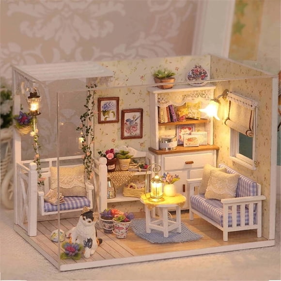 UsTZtai DIY Doll House Wooden Miniature, Furniture Set with LED Light and Glass Cover, Dollhouse for Craft, Gift, Collectibles and Home Decoration