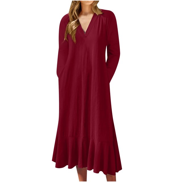 Pisexur Robes d'Automne pour Femmes, Couleur Unie, Manches Longues, Robes de Retour à la Maison, Col en V, Robes d'Invitée de Mariage pour Femmes, Robe Maxi Décontractée Ample, Robes Grande Taille pour Femmes aux Formes, P-5TG