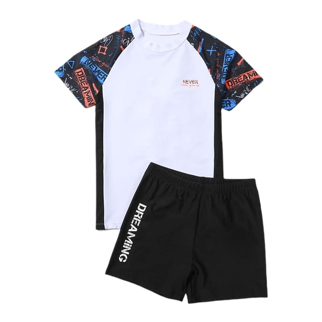 Toddler Swimsuit Boy Plus Size Pool Hot Spring Short Sleeve Printed Tops Swim Trunks Split Swimwear Set Baby Boy Bathing Suit White 160