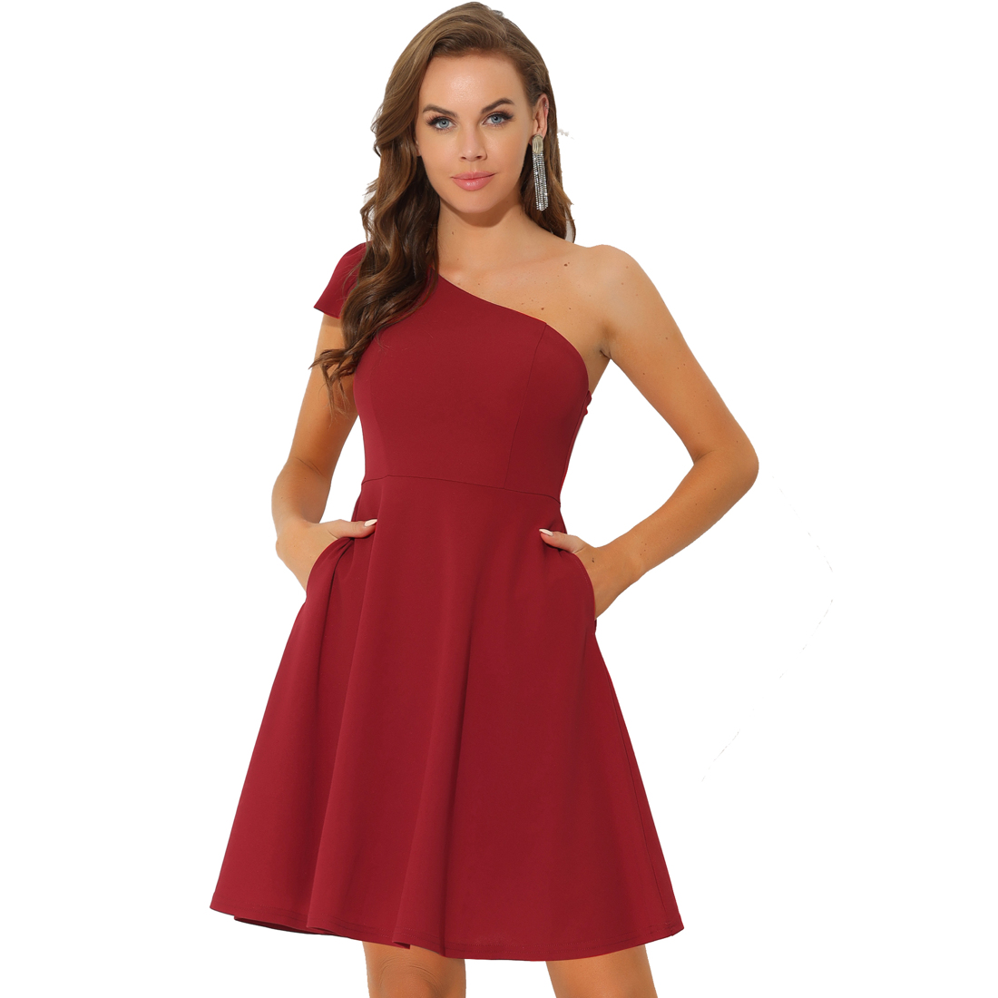 INSPIRE CHIC Robe pour Femme Nœud une Épaule Sans Bretelles Ligne A Évasée Robe de Soirée avec Poches G Rouge