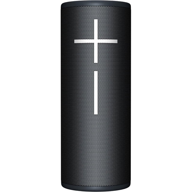 Ultimate Ears MEGABOOM 4 Haut-Parleur Sans Fil Bluetooth Étanche en Noir Actif, Présentant un design Cylindrique avec un Extérieur en Maille Texturée et un Panneau de Commande Blanc en Forme de Croix. Offre un Son Puissant à 360 Degrés, des Basses Tonnantes et jusqu'à 20 Heures d'Autonomie. IP67 Étanche, Antichute jusqu'à un Mètre, et portable pour les Aventures en Plein Air.