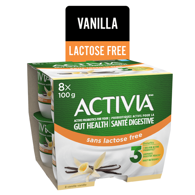 Activia Probiotic Yogurt lactose free vanilla flavor pack of eight 100-gram cups with green and white packaging featuring vanilla flower and pods, containing over 1 billion active probiotics per serving to support gut health and digestive wellness.