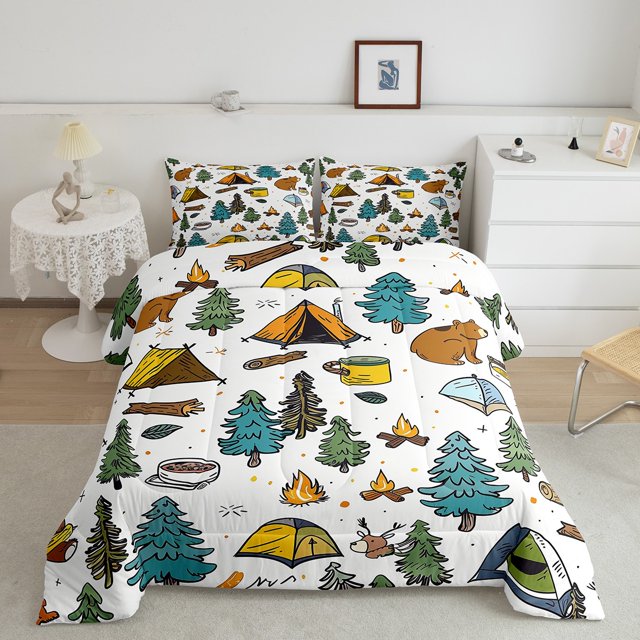 Erosebridal Happy Camping Bedding Full Comforter Set, RV Camper Down Comforter, Cartoon Camp Decor, Ultra Soft 3 Pieces