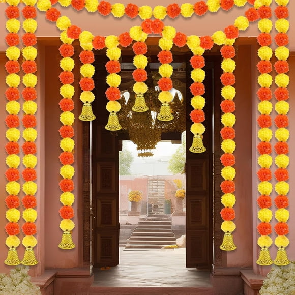 Bamboohart 10 Pcs Marigold Garland for Decoration Pooja Decoration Items Indian Artificial Diwali Marigold Door Toran 5 Feet Long Marigold Flowers Garland Decor with Golden Bells for Door