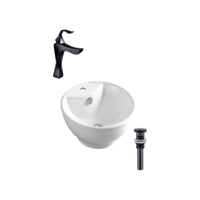 DROP Bath and Kitchen DR091230 Ensemble d'Évier de Salle de Bain avec un Évier Rond en Céramique Blanc avec une Finition Lustrée et un Trou de Trop-Plein, Assorti à un Robinet Noir à un Seul Trou et à un drain Noir, Convient à une installation au-Dessus du Comptoir Lors de Rénovations de Salle de Bain.