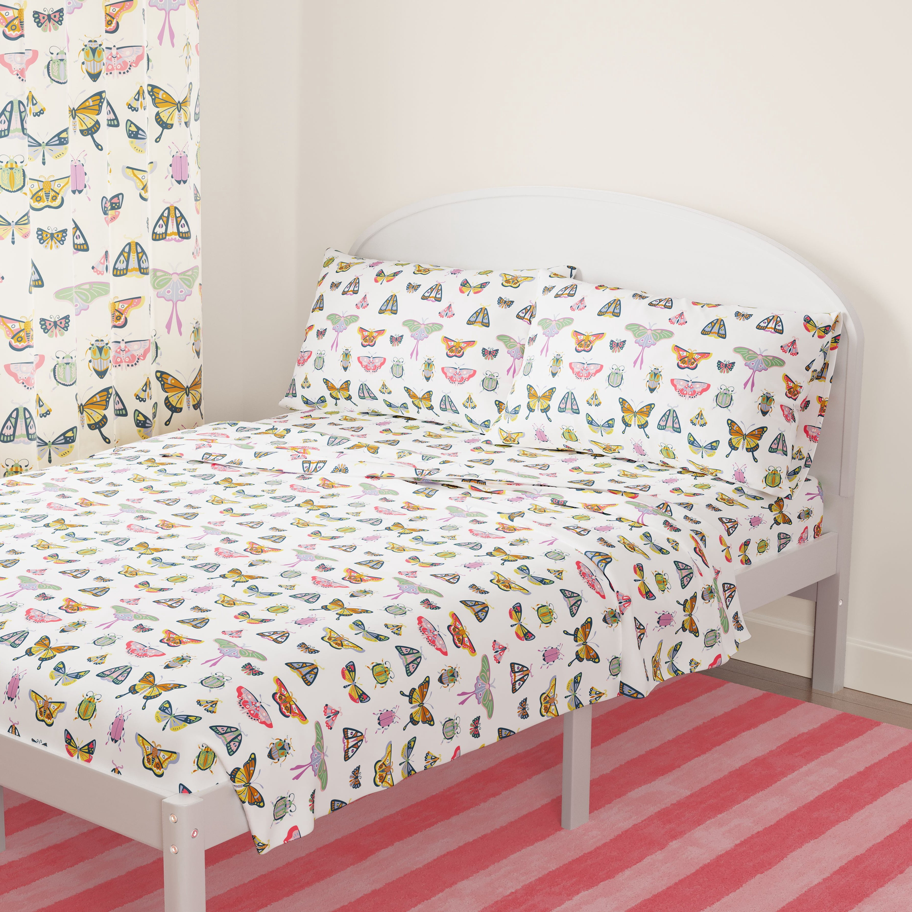 Mainstays Kids Microfiber Bed Sheet Set, Queen, Butterfly, 4 Pieces
