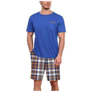 GDREDA Men's Sleepwear for Summer Short Sleeved Shorts Pajamas Set Round Neck Short Sleeved Plaid Shorts Two Piece T Shirt With Chest Pocket Pajamas Home Wear Set Pajama & Loungewear Orange,L