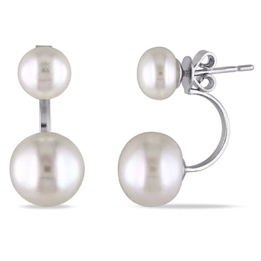 Miabella 7-7.5mm and 10-10.5mm White Button Cultured Freshwater Pearl Sterling Silver Stud Earrings