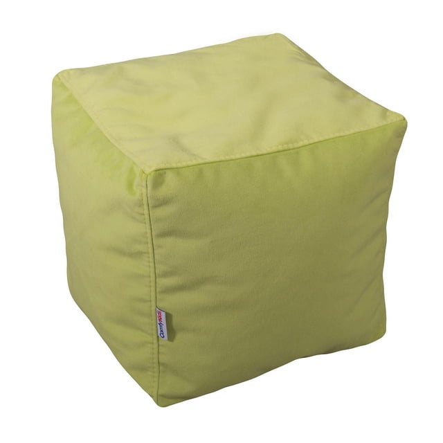 ComfyKids® Cubes lime green micro plush polyester cube ottoman with double-stitched seams and a ComfyKids tag, lightweight and easy-to-move extra seating ideal for kids’ rooms or play areas