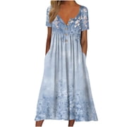 Soki Summer Dresses for Women Ladies Plus Size Elegant Dress Sweet & Cute V-Neck Mini Short Sleevele Floral Dress with Pockets
