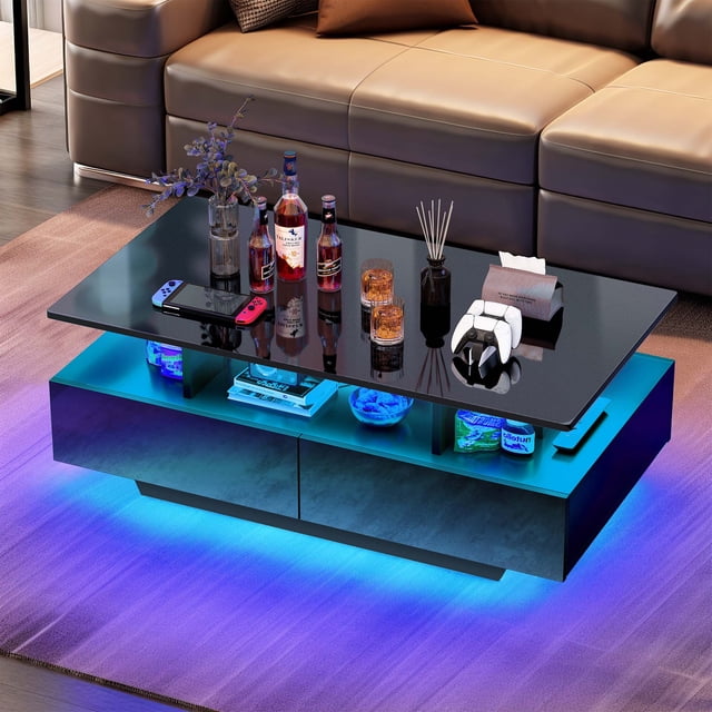 DEXTRUS High Gloss LED Coffee Table with Storage, Modern Center Table with Drawers & Display Shelves for Living Room, Black