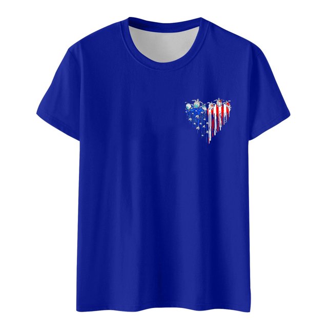 Hauts de Printemps pour Femmes Jour de l'Indépendance Drapeau Col Rond Imprimé Lettre Manches Courtes Hauts Chemises pour Femmes Bleu S