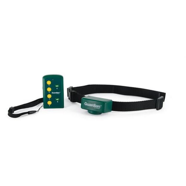 Guardian Easy Trainer Dog Collar with black adjustable nylon strap and green receiver unit marked Guardian, paired with a green handheld remote transmitter with yellow buttons, featuring 12 static stimulation levels and 2 tone training options for dog obedience.