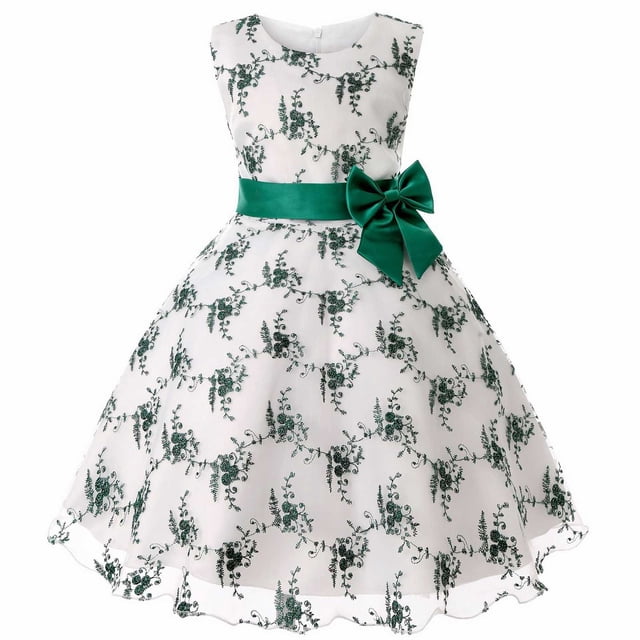 B91xZ Girls Ruffle Sleeve Swing Dress Floral Ruffled Sleevelesss Sundress Swing Dress,Green 7-8 Years
