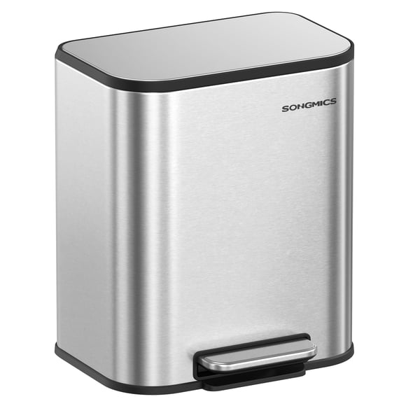 SONGMICS Kitchen Trash Can, 5.2-Gallon (20L) Garbage Can with Lid, Stainless Steel, Soft Close and Stays Open, Inner Bucket, Wide Non-Slip Pedal, Metallic Silver