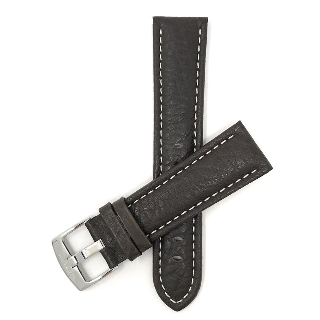 30mm Classic Leather Buffalo Pattern Watch Strap Band, White Stitching, Stainless Steel Buckle