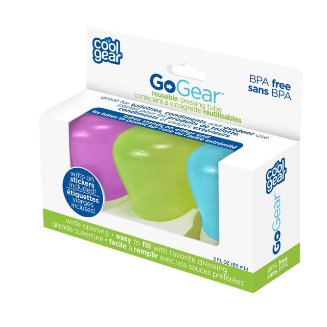 Cool Gear Go Gear reusable dressing tubes set of three squeezable condiment bottles in purple, green, and blue with wide openings and BPA-free plastic, designed for kitchen organization and food dispensers, each bottle holds 2 fl oz (60 ml) and includes write-on stickers for easy identification.