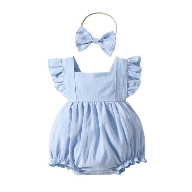 MIASHUI Girls Sleeveless Romper Toddler Fly Sleeve Solid Color Bodysuits Headbands Set,Blue,12-18 Months
