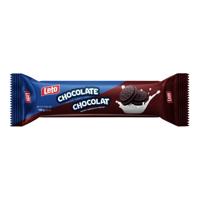 LETO CHOC CRM SNDW chocolate sandwich cookies package showing two chocolate cookies with cream filling splashing into milk, 160g (5.6 oz) net weight, kosher and halal certified, no fructose sugar, blue and brown wrapper with Leto branding, often used as a snack or dessert treat