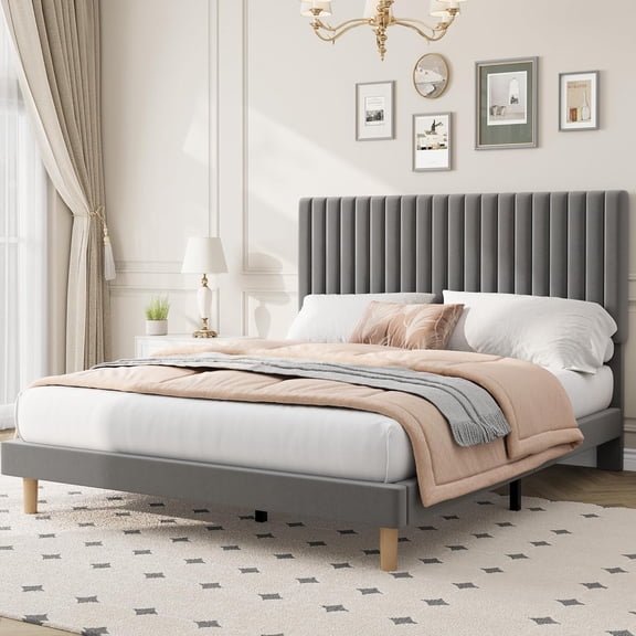 Cadre de Lit Plateforme Grand avec Tête de Lit Réglable, Aucun Sommier Requis, Rembourré en Velours, Gris
