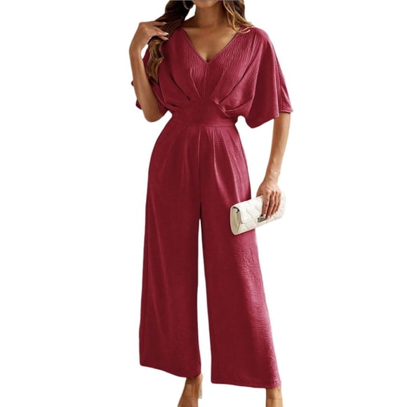 TrendOFT One Piece Jumpsuit For Women Dressy Elegant V Neck Short Sleeve Solid Trendy Wide Leg Womens Rompers One Piece Overalls Red S
