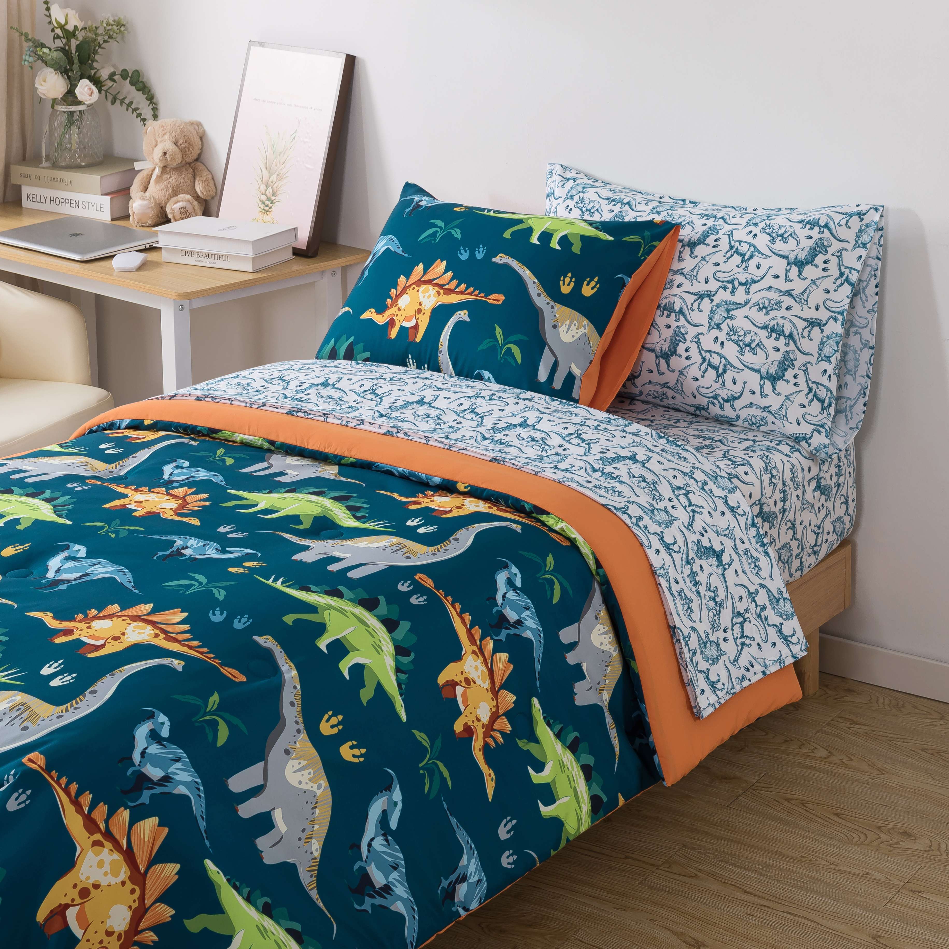 Mainstays Ensemble de literie 5 pièces « lit dans un sac » pour enfants dinosaures, couette réversible, lit simple (Twin)