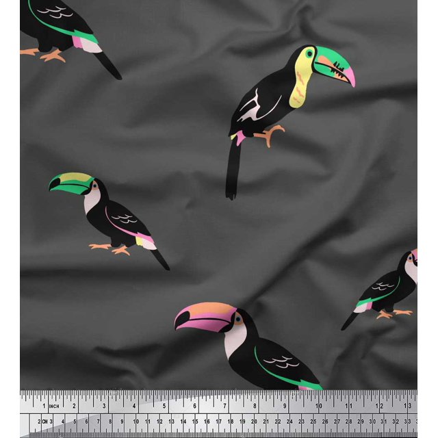 Soimoi Gray Poly Georgette Fabric Toucan Bird Print Fabric by Yard 52 Inch Wide