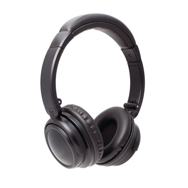Wicked Audio Endo On-Ear Bluetooth Headphones in black with padded ear cushions and adjustable headband, shown in a 3/4 view on white background, featuring a collapsible flat-fold design, wireless Bluetooth with 32-foot range, and a matte rubberized finish suitable for portable audio listening.
