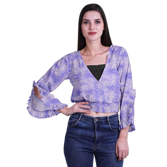 Moomaya Haut Court Imprimé pour Femmes Style Enveloppant Manches Longues à Volants Blouse d'Été Décontractée