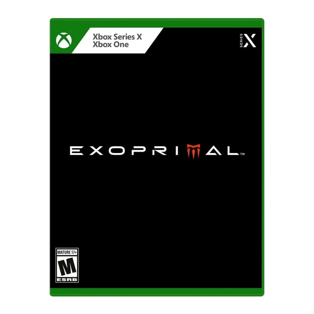 Coque de Jeu Exoprimal pour Xbox Series X et Xbox One avec Arrière-Plan Noir et logo Exoprimal Blanc et orange au Centre, Homologuée Mature 17+ par ESRB, avec Bords Verts de l'Étui de Jeu.
