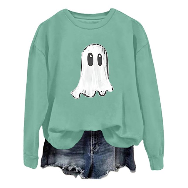 Arlun,Halloween Chandails en Molleton Citrouille 2025 Mode Automne Femmes Grande Taille Chandails à Lettres Imprimées Hauts Coupe Ample Confortable Col Rond Manches Longues Manteau Hauts Sans Capuche Bleu Pâle2 m