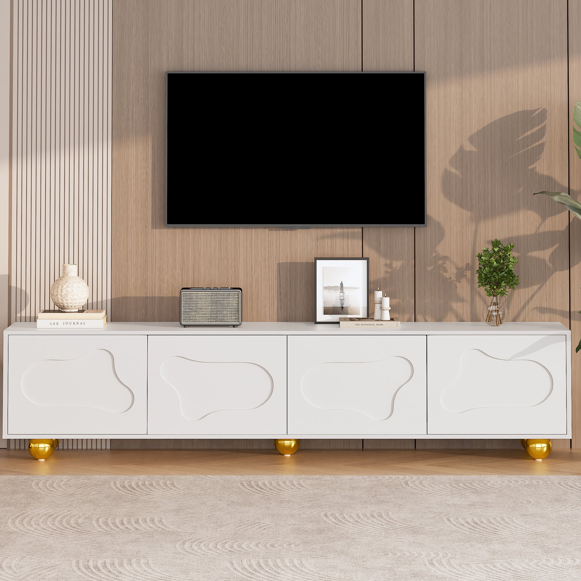 TV Stand, Cloud-shaped low TV cabinet with two storage cabinets and solid support legs, sturdy structure holds 65-inch television for home use,64.9×15.7×17.7 Inches