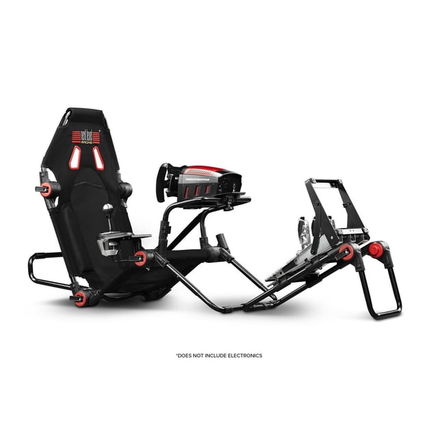 Next Level Racing® F-GT Lite Formula and GT Foldable Simulator Cockpit with black breathable fabric seat, tubular steel frame featuring red adjustment hubs, and pre-drilled mounts for wheel, pedals, and gear shifter, designed for ergonomic Formula and GT racing positions and foldable for easy storage, suitable for gaming furniture setups.