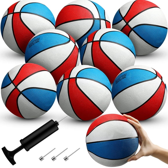8 Pack 7 Inch Mini Rubber Basketballs Set Small Basketball with Air Pump Mini Hoop Junior Size 3 Basketballs for Beginner Arcade Games Indoor Outdoor Pool Party Favors(Red White and Blue)